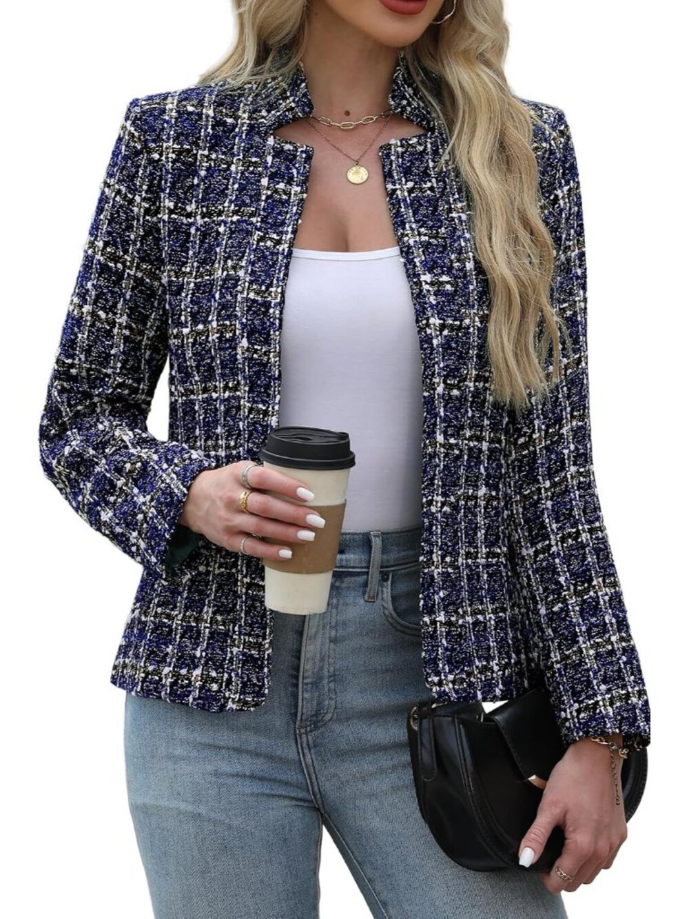 〽️Women's Navy Tweed Open Front Long Sleeve Notch Collar Casual Business Blazer